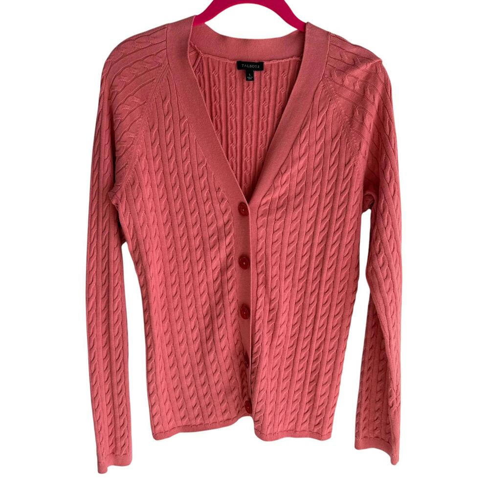 TALBOTS Pink V-Neck Cable‎ Knit Button Ladies Cardigan, L